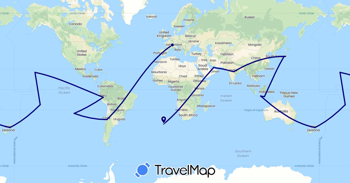 TravelMap itinerary: driving in United Arab Emirates, Australia, Brazil, Switzerland, Chile, Indonesia, India, Japan, New Zealand, Peru, French Polynesia, United States (Asia, Europe, North America, Oceania, South America)